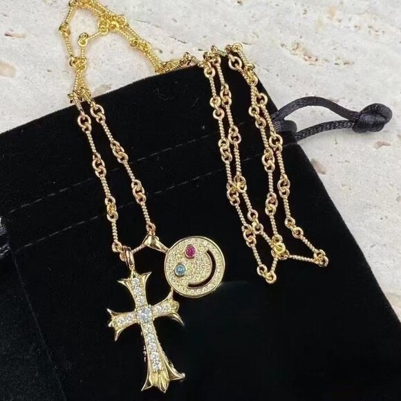 Chrome Hearts Gold Smiley and Cross Necklace - Picture 1 of 4